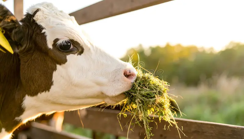 Vaca alimentándose con forraje fresco